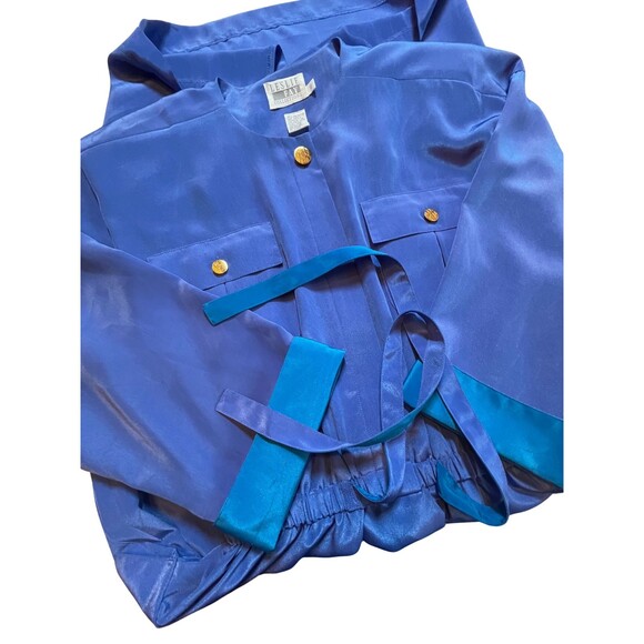 Vintage 90s Dress‎ Leslie Fay Midi Belt Pockets Satin Blue Retro Long Sleeves 10 - Picture 12 of 16
